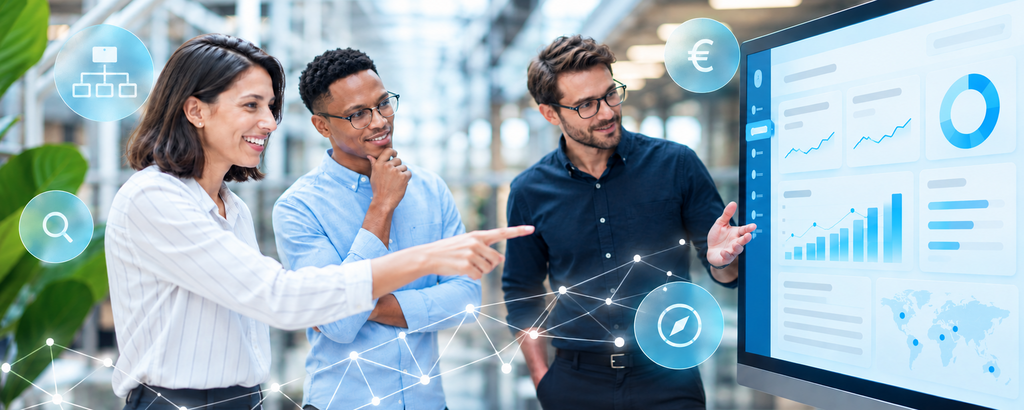 Drei Mitarbeitende betrachten ein digitales Dashboard mit Diagrammen und vernetzten Symbolen. – KI-generiertes Bild