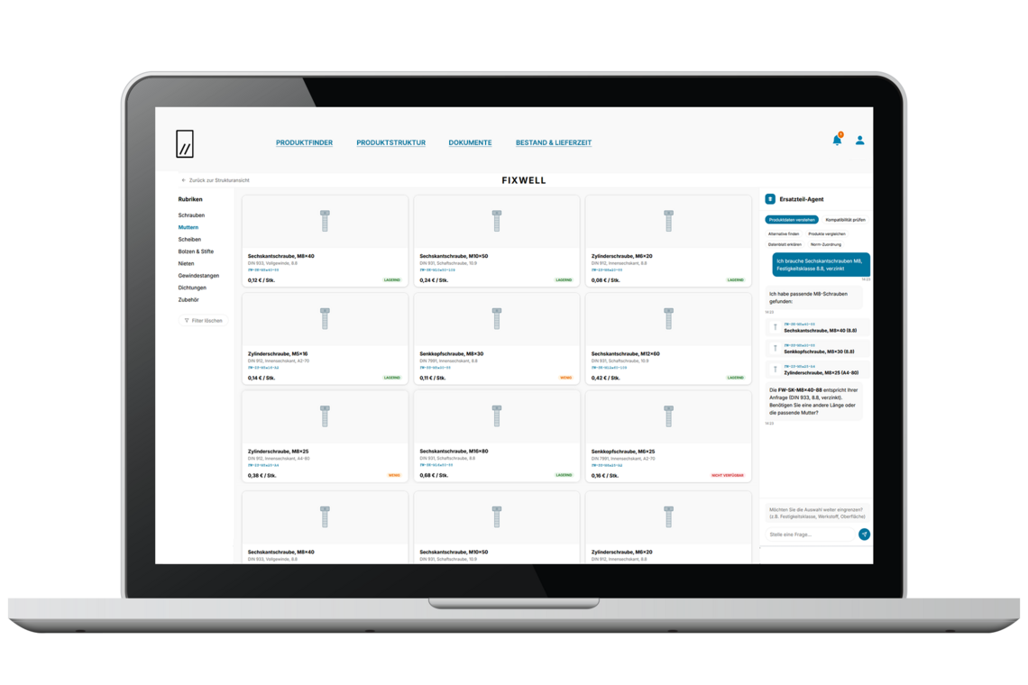 UI einer Integration eines KI Agenten in einen digitalen Ersatzteilkatalog
