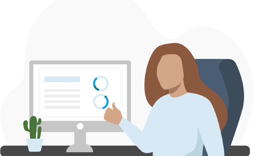 Illustration von einer Frau an einem Schreibtisch. Hinter ihr steht ein Laptop mit angedeuteten Diagrammen. Sie hebt den Daumen.