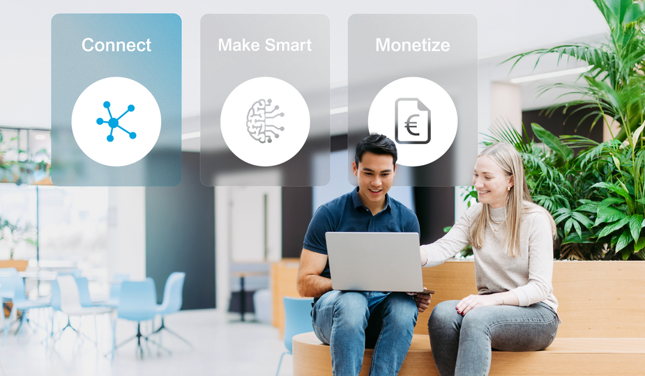 Two employees with laptops in a bright office environment; above them, the four service areas “Connect,” “Make Smart,” and ‘Monetize’ are displayed as visual navigation tiles. “Connect” is highlighted.