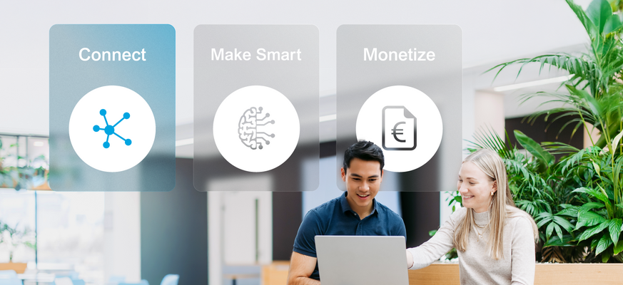 Zwei Mitarbeitende mit Laptop in heller Büroumgebung; darüber die vier Leistungsbereiche „Connect“, „Make Smart“ und „Monetize“ als visuelle Navigationskacheln dargestellt. Davon "Connect" hervorgehoben. – KI-generiertes Bild