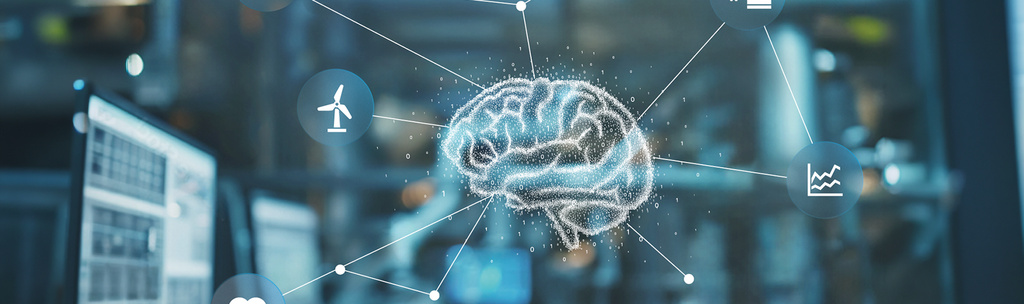 Darstellung eines KI-Systems mit vernetztem Gehirn und verbundenen Anwendungen in einer industriellen Umgebung.