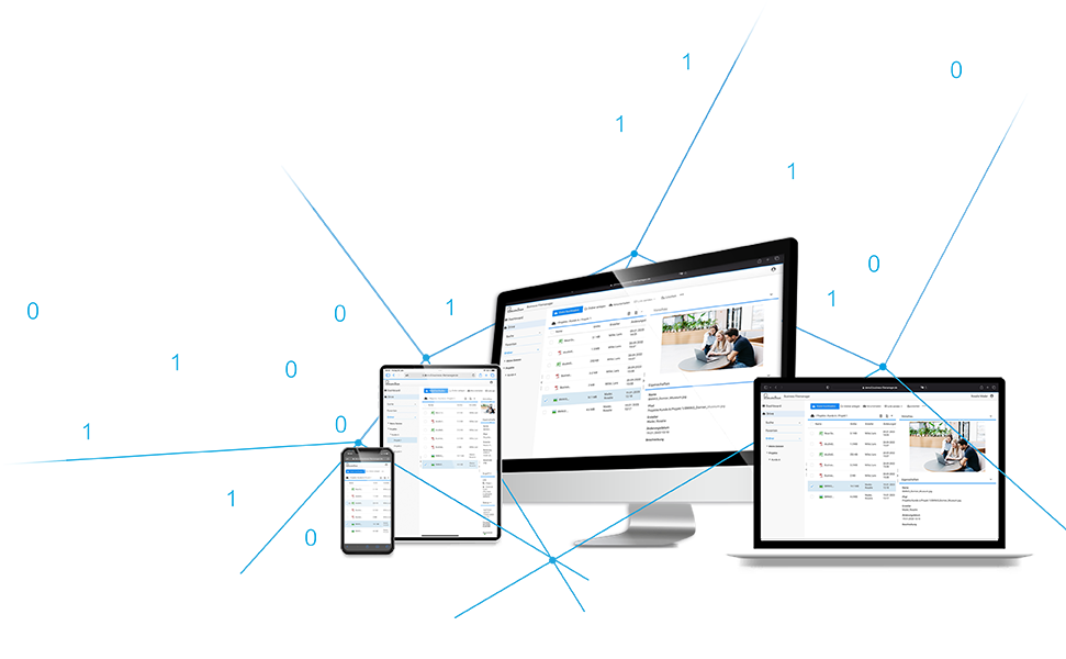 Die Anwendung Business Filemanager läuft auf diversen Geräten (Smartphone, Tablet, Desktop, Laptop)