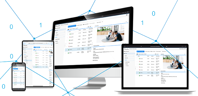 The Business Filemanager application runs on various devices (smartphone, tablet, desktop, laptop)