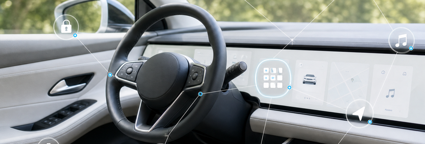 Innenraum eines vernetzten Autos mit digitalen Funktionen und Symbolen. – KI-generiertes Bild