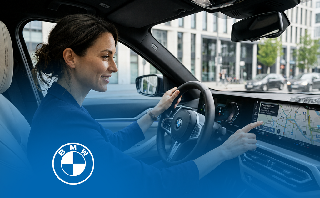 Driver using digital navigation in a BMW cockpit. – AI-generated image