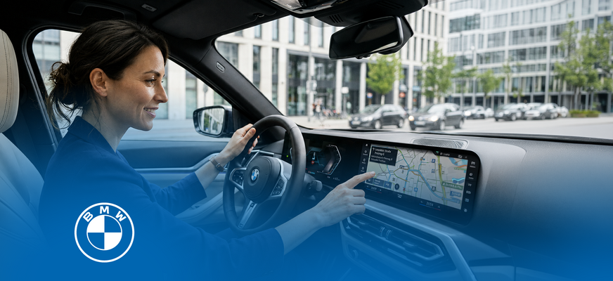 Driver using digital navigation in a BMW cockpit. – AI-generated image