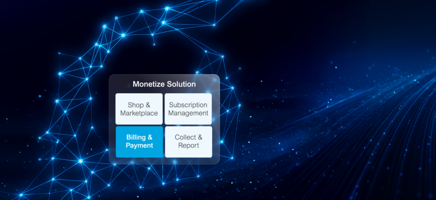 Visualisierung einer Monetarisierungslösung mit Modulen für Shop, Subscription, Abrechnung und Reporting in einer digitalen Netzwerkumgebung.