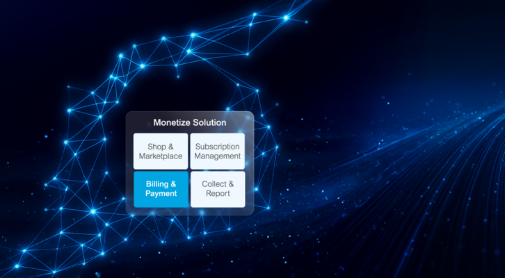 Visualization of a monetization solution with modules for shop, subscription, billing, and reporting in a digital network environment.
