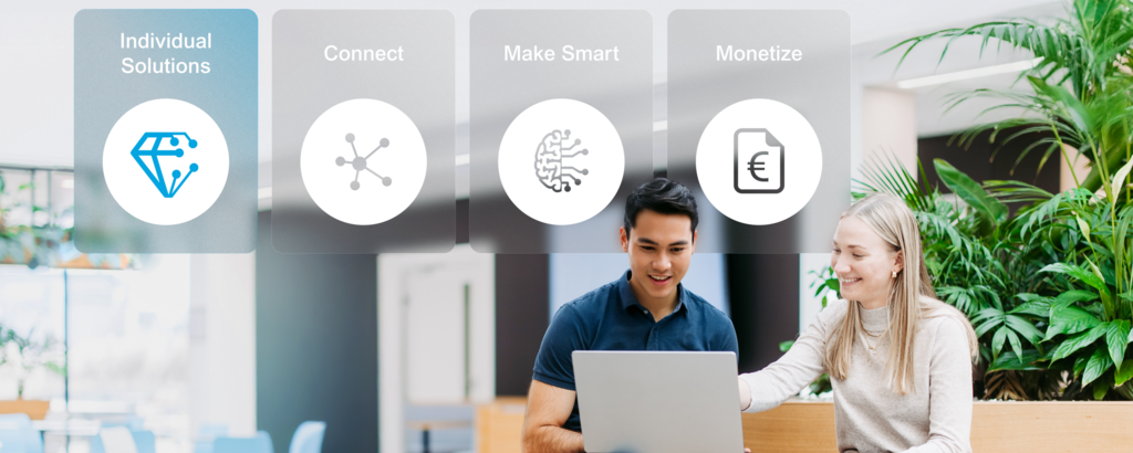 Zwei Mitarbeitende mit Laptop in heller Büroumgebung; darüber die vier Leistungsbereiche „Individual Solutions“, „Connect“, „Make Smart“ und „Monetize“ als visuelle Navigationskacheln dargestellt. Davon "Individual Solutions" hervorgehoben.