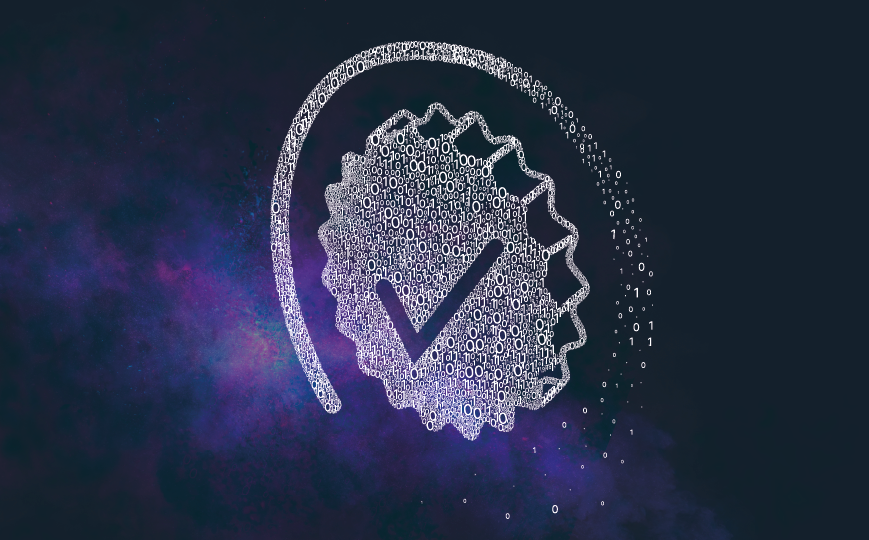 doubleSlash Quality Keyvisual Gearwheel with a check-sign on it consisting of 0 and 1, floating in the universe