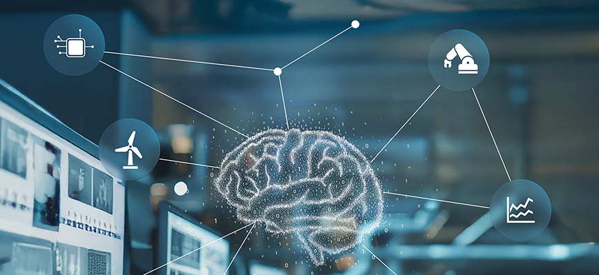 Darstellung eines KI-Systems mit vernetztem Gehirn und verbundenen Anwendungen in einer industriellen Umgebung.