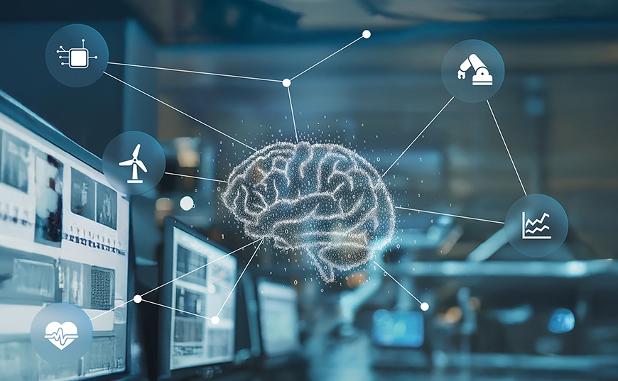 Depiction of an AI system with a connected brain and linked applications in an industrial environment.