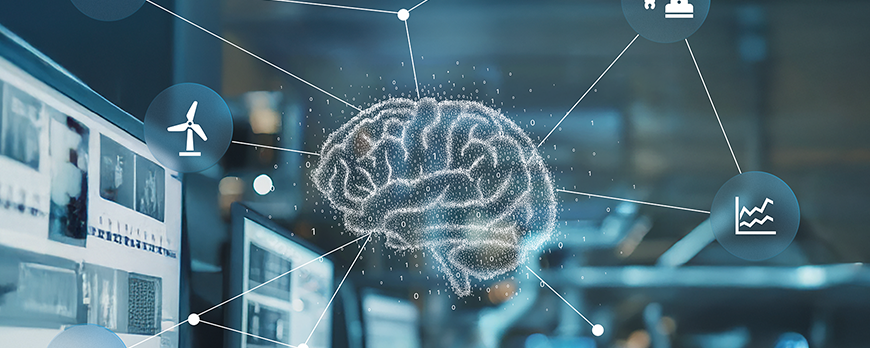 Darstellung eines KI-Systems mit vernetztem Gehirn und verbundenen Anwendungen in einer industriellen Umgebung.