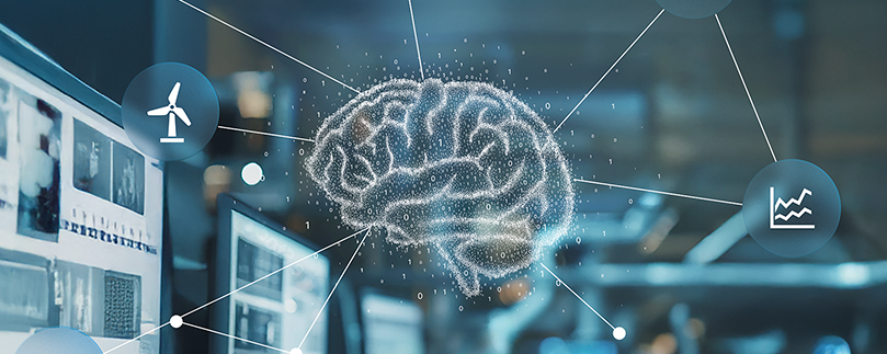 Darstellung eines KI-Systems mit vernetztem Gehirn und verbundenen Anwendungen in einer industriellen Umgebung.