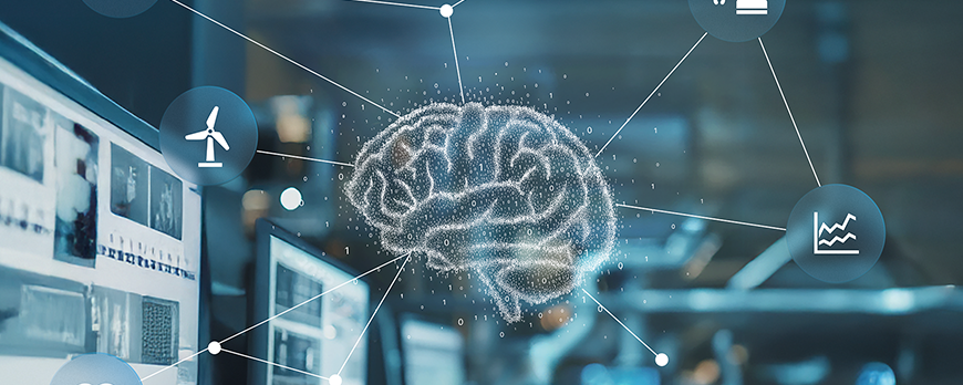 Depiction of an AI system with a connected brain and linked applications in an industrial environment.