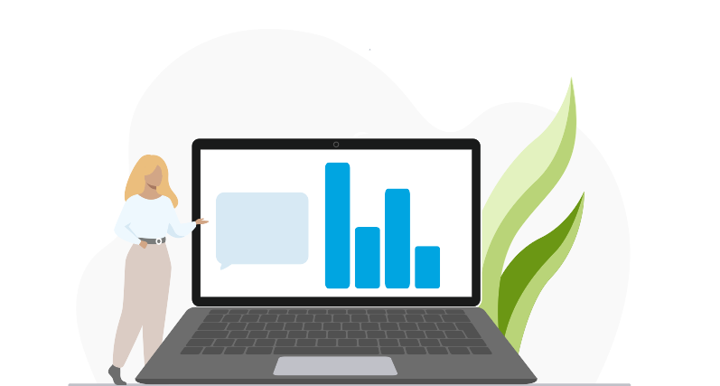 A person presents a laptop displaying a speech bubble and a bar chart.