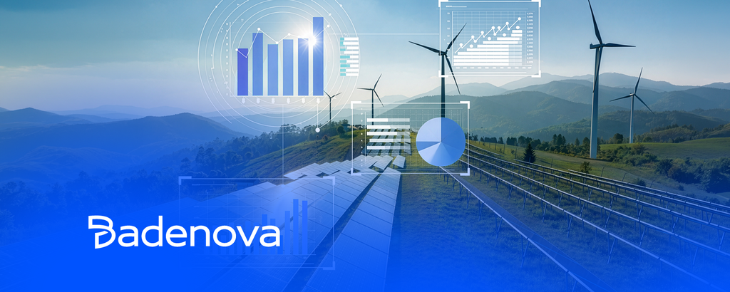 Wind turbines and solar panels in a landscape with overlaid data visualizations. “Badenova” logo bottom left. – AI-generated image