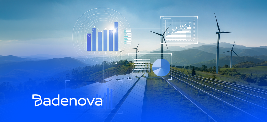 Windräder und Solaranlagen in Landschaft mit eingeblendeten Datenvisualisierungen. „Badenova“-Logo unten links. – KI-generiertes Bild