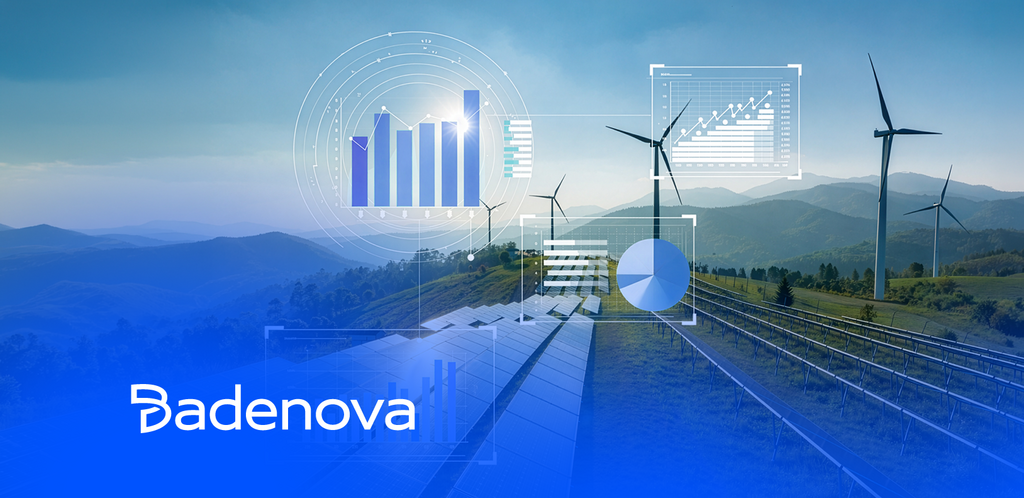Windräder und Solaranlagen in Landschaft mit eingeblendeten Datenvisualisierungen. „Badenova“-Logo unten links. – KI-generiertes Bild