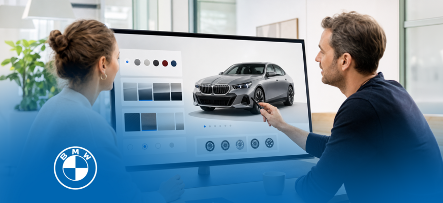 Two people configuring a BMW vehicle on a digital screen. – AI-generated image
