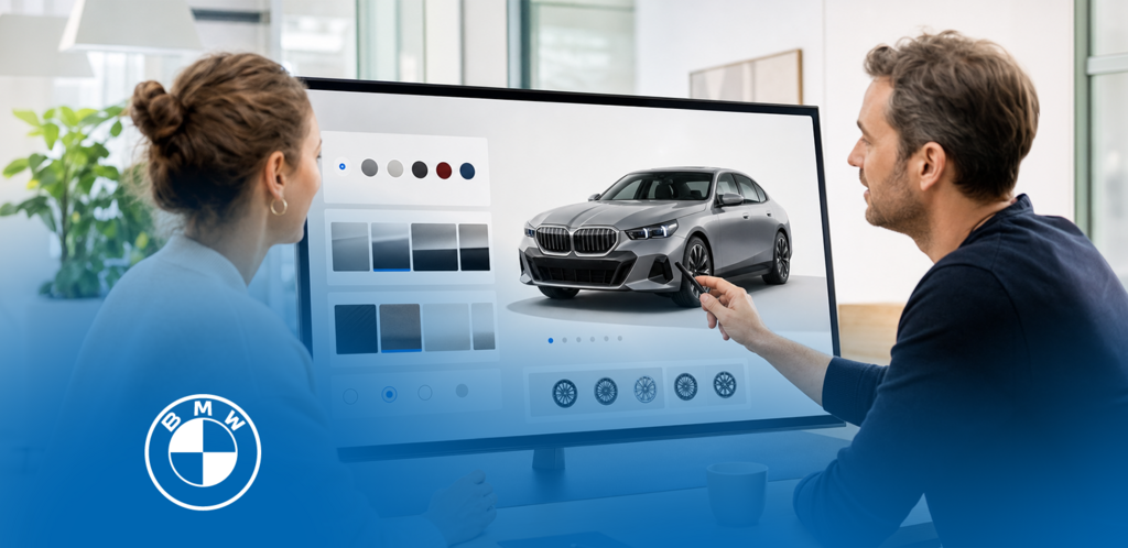 Two people configuring a BMW vehicle on a digital screen. – AI-generated image