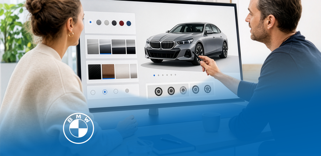 Two people configuring a BMW vehicle on a digital screen.