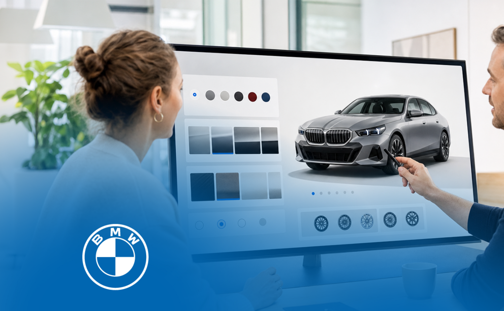 Two people configuring a BMW vehicle on a digital screen. – AI-generated image