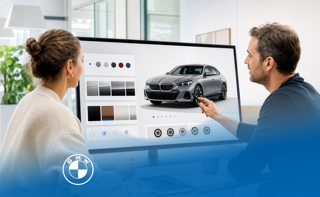 Two people configuring a BMW vehicle on a digital screen.