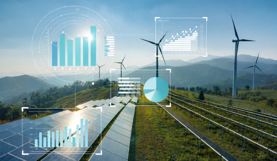 Windräder und Solarpaneele in einer Hügellandschaft; darüber sind transparente Daten-Overlays mit Diagrammen