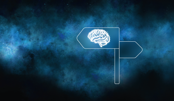 Wegweiser mit Gehirn und blauer Galaxie im Hintergrund KI Use Case Workshop