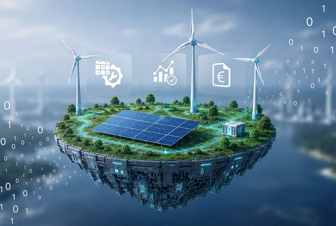Island with solar panels and windmills – AI-generated image
