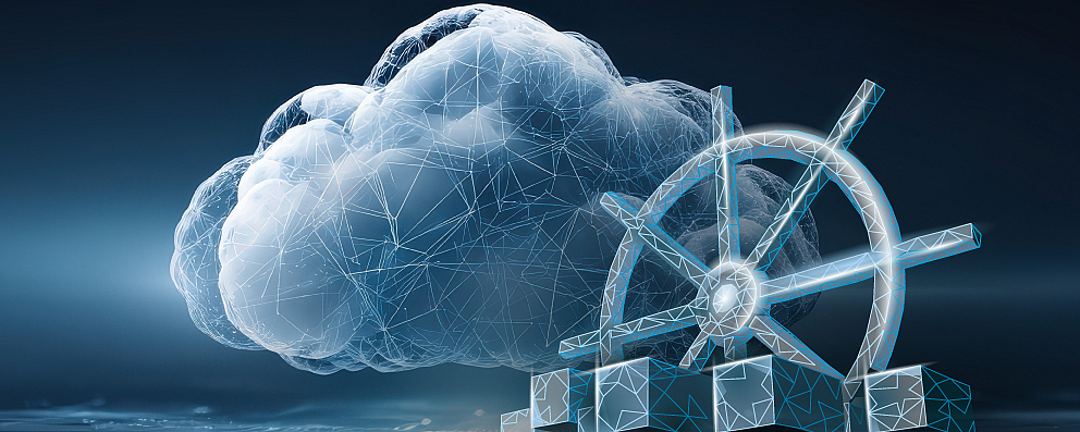 dunkler Hintergrund mit Wolke, Steuerrad von einem Schiff und Würfeln: als Symbol für Cloud mit Kubernetes managen