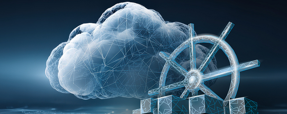dunkler Hintergrund mit Wolke, Steuerrad von einem Schiff und Würfeln: als Symbol für Cloud mit Kubernetes managen