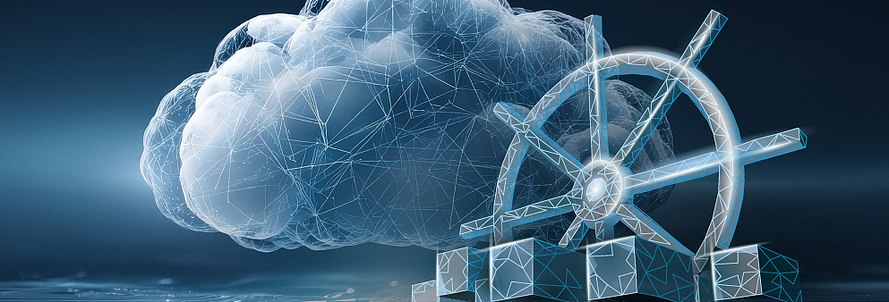 dunkler Hintergrund mit Wolke, Steuerrad von einem Schiff und Würfeln: als Symbol für Cloud mit Kubernetes managen