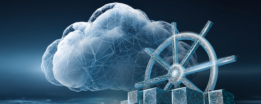 Dark background with a cloud, a ship’s helm, and dice — as a symbol for managing cloud infrastructure with Kubernetes.