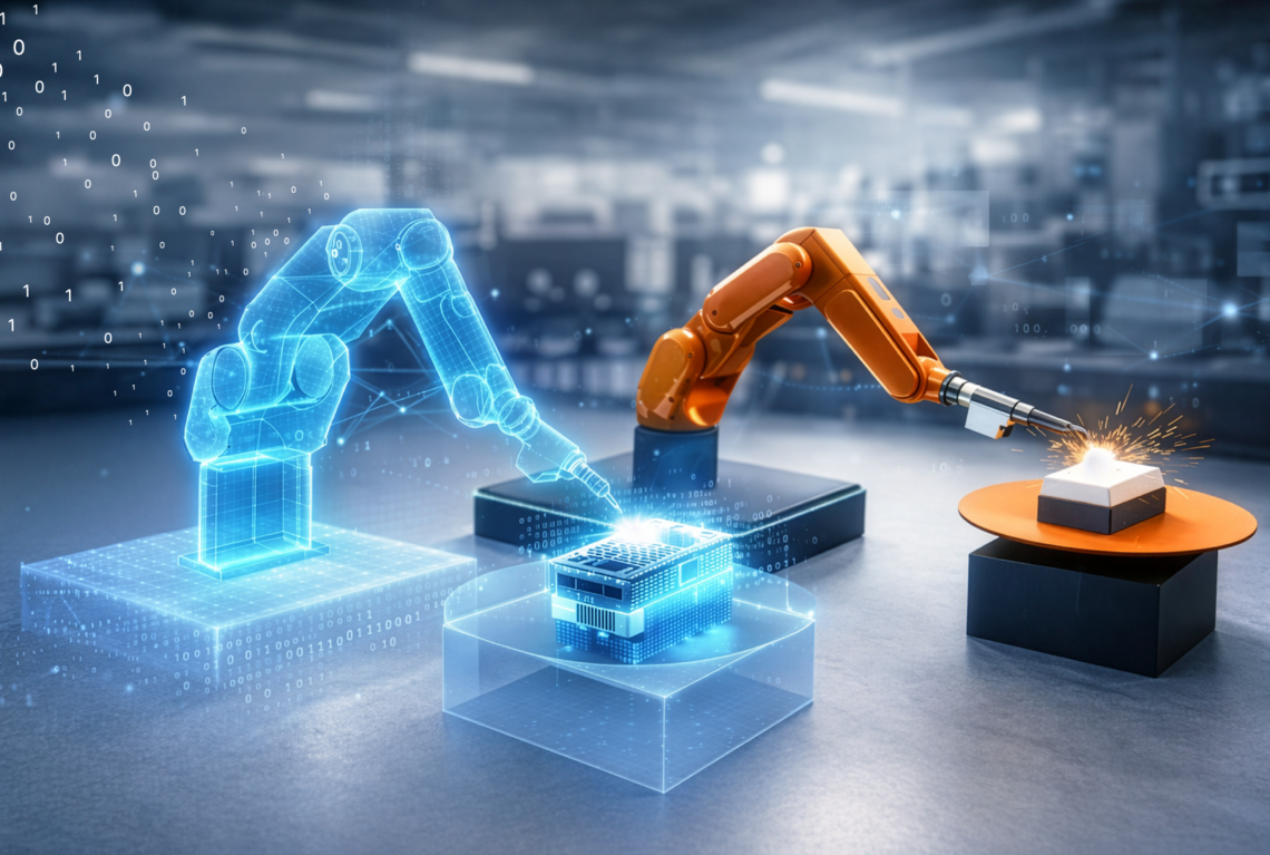Digitaler Zwilling eines Industrieroboters: Ein blaues, holografisches Roboterarm-Modell interagiert mit einem Server, während daneben ein realer Roboterarm ein Werkstück in einer modernen Produktionsumgebung bearbeitet. – KI-generiertes Bild