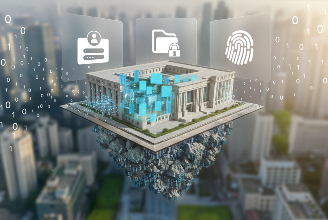 Digital vernetztes Behördengebäude mit Symbolen für Identität, Datenschutz und Sicherheit.