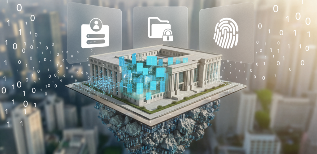 Digitally connected government building with icons for identity, data protection, and security.