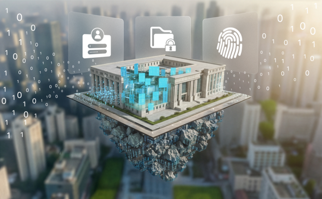 Digitally connected government building with icons for identity, data protection, and security. – AI-generated image