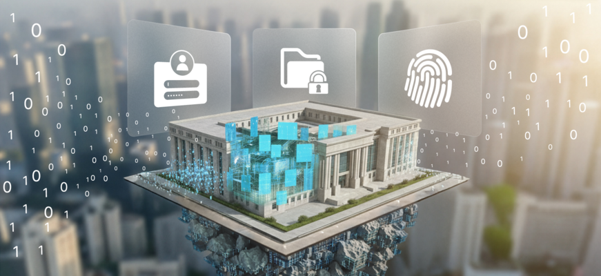Digital vernetztes Behördengebäude mit Symbolen für Identität, Datenschutz und Sicherheit. – KI-generiertes Bild