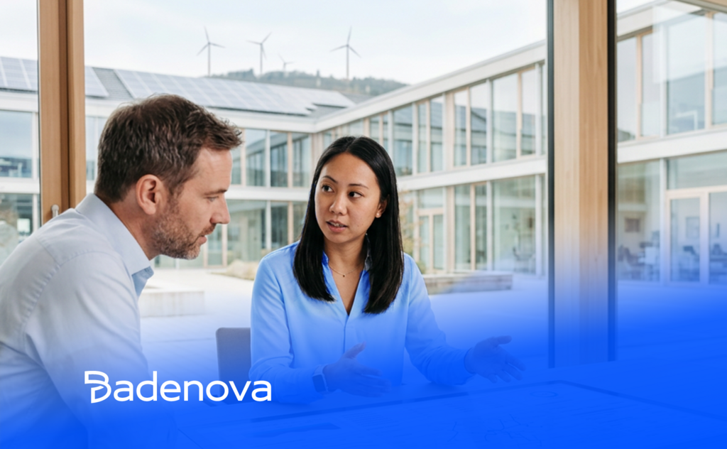 Zwei Personen im Gespräch; modernes Gebäude mit Solaranlagen und Windrädern im Hintergrund. „Badenova“-Logo unten links.