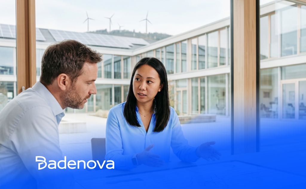 Two people in discussion; modern building with solar panels and wind turbines in the background. “Badenova” logo bottom left.