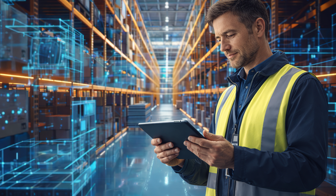 A person in a warehouse using a tablet, with digital AI-generated overlays visualizing shelves and spare parts to represent AI‑driven management of spare parts catalogs. – AI-generated image