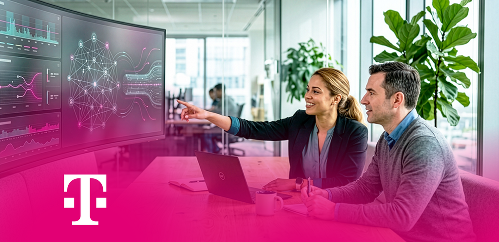 Zwei Personen analysieren Datenvisualisierung auf großem Display im Büro. Telekom-Logo unten. – AI-generated image