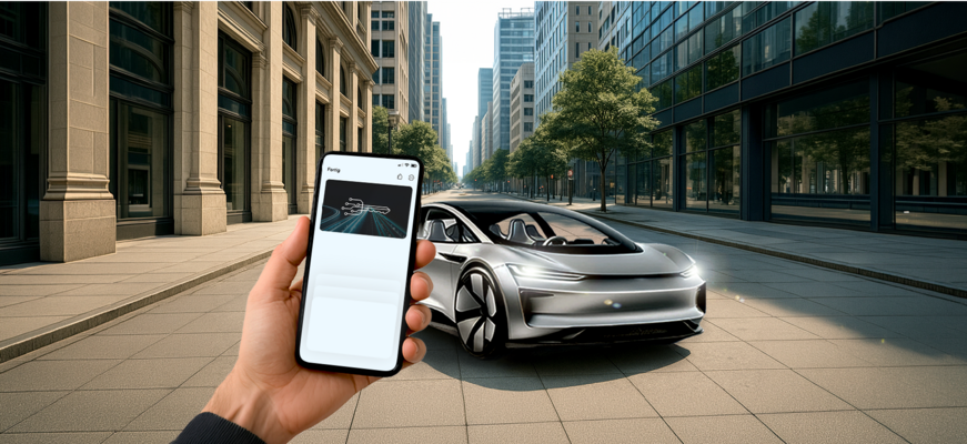 Hand hält ein Smartphone mit digitalem Fahrzeugschlüssel vor einem modernen silbernen Auto in einer städtischen Umgebung.