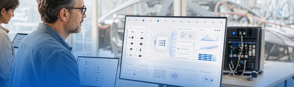 Person arbeitet an einem Monitor mit Datenvisualisierungen in einer hellen Laborumgebung. – KI-generiertes Bild