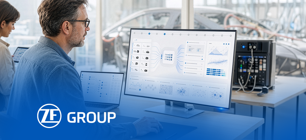 A person works at a monitor with data visualizations in a bright lab environment. – AI-generated image