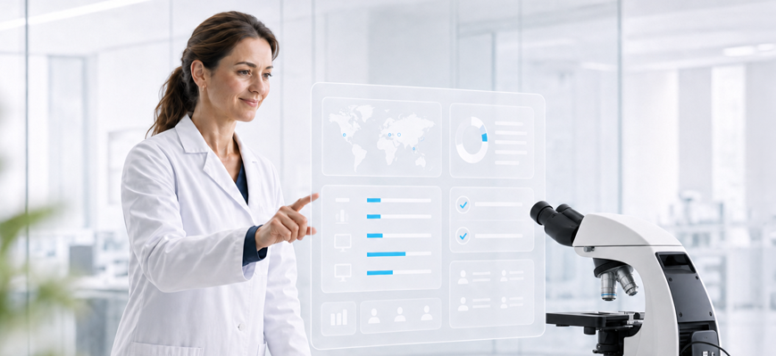 Ärztin bedient eine digitale Oberfläche mit Labor- und Diagnosedaten neben einem Mikroskop. – KI-generiertes Bild