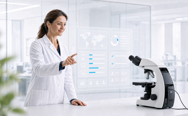 A doctor operates a digital interface with lab and diagnostic data next to a microscope. – AI-generated image